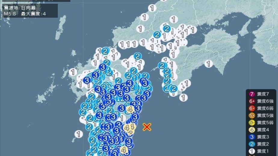 日本宫崎县发生5.8级地震　九州多处录得震动  无海啸风险