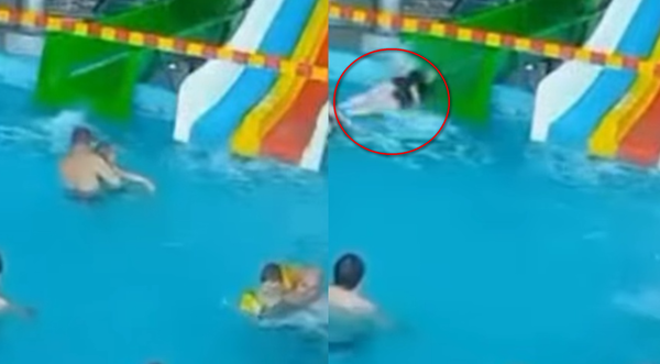 父无视警告站滑水道口 怀中男童被踢破肝脏 