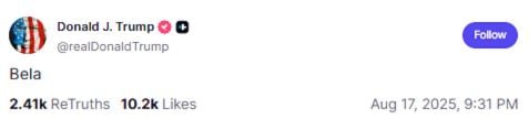 特朗普突发神秘贴文「Bela」！　大票网民疯猜