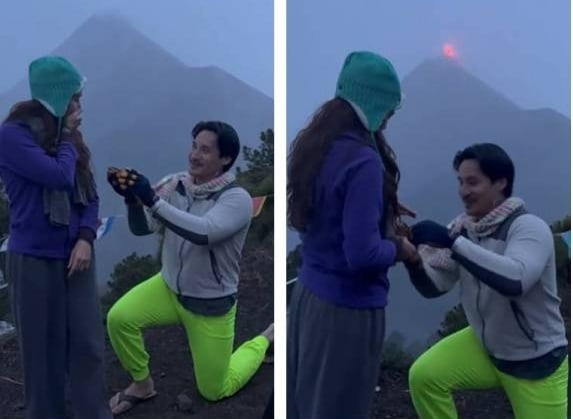 男友求婚火山爆发   浪漫背景震撼全网