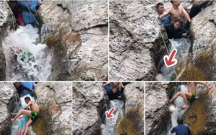 视频| 贵州男孩被困小溪石缝大雨将临 游客齐心成功把人救出 
