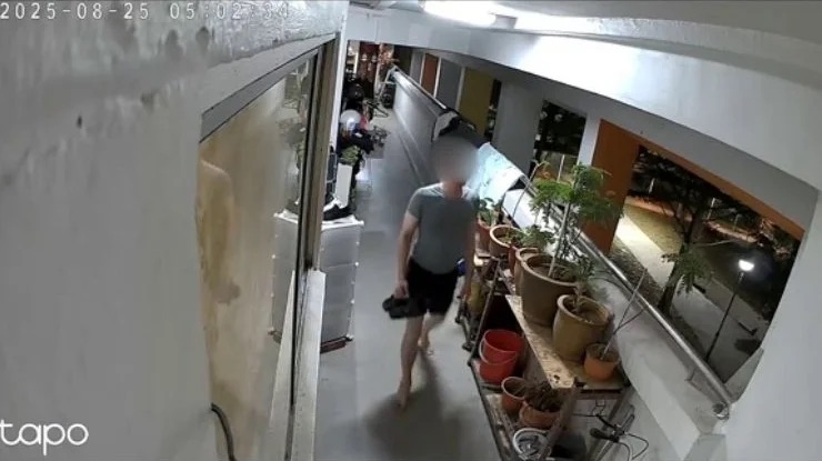 视频|男子组屋走廊跪爬偷鞋 抬头瞥见监控心虚归还