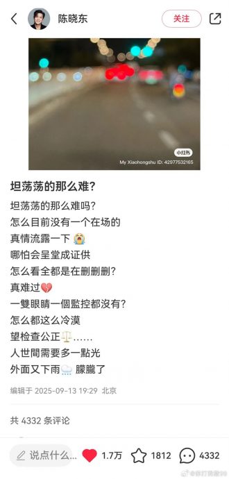 为于朦胧发声控真相被删 陈晓东贴文遭下架