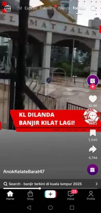 全国版/求真/TikTok用户利用2022年水灾旧视频散播假消息 DBKL辟谣日前马大没有闪电水灾