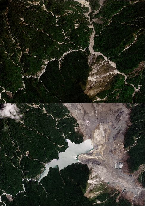 图与文两图)桦加沙酿花莲堰塞湖溢流成灾 卫星照看灾前灾后对比