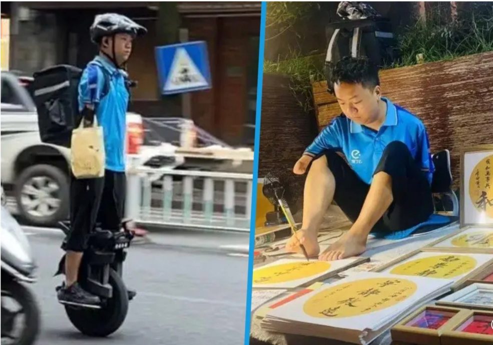 暖势力/用嘴唇打电话 用脚趾写书法 无臂男骑独轮车送外卖养大2儿