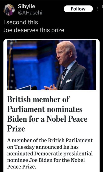 求真（全国版）美国前总统拜登获提名角逐2025年诺贝尔和平奖？