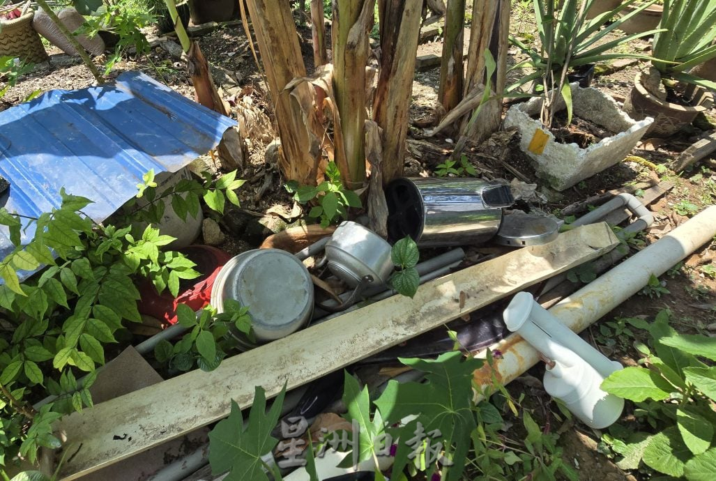 花园草场堆积杂物包括废弃摩托车 恐养蚊