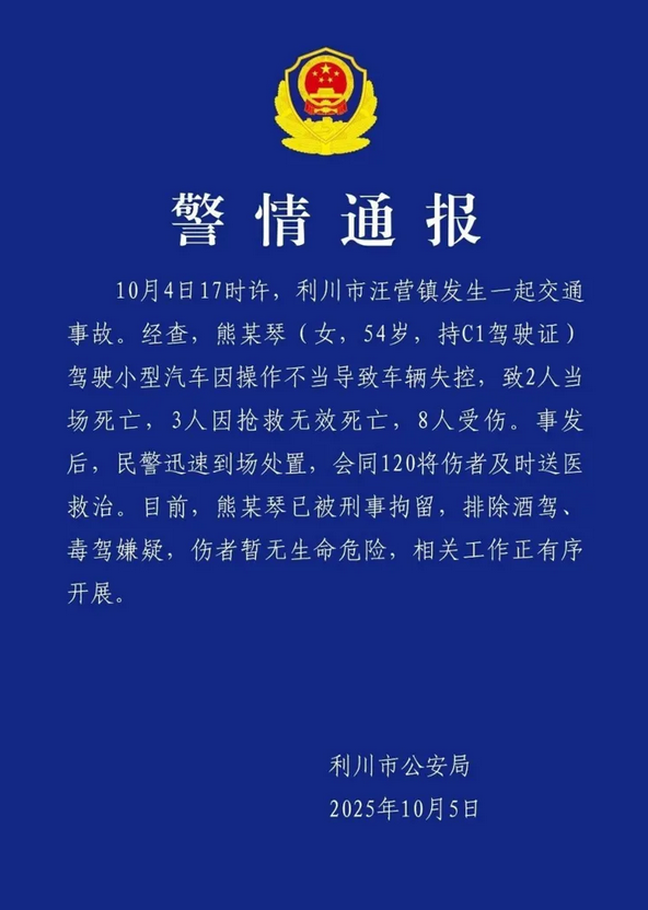 中国54岁女子开车撞人群酿5死8伤　警方喊“操作不当”遭质疑