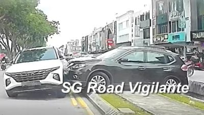疑误踩油门 本地车飞撞停双黄线狮城车