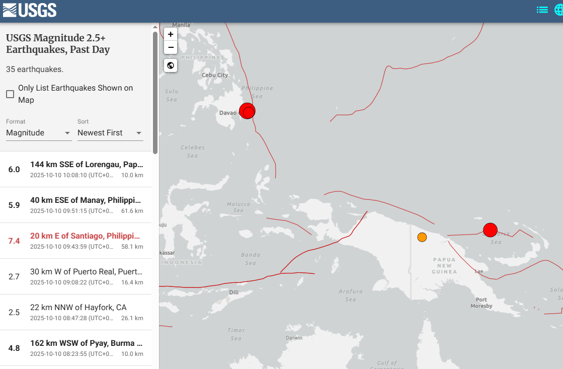 菲强震后发生5.9级余震 巴布亚新几内亚发生6级地震