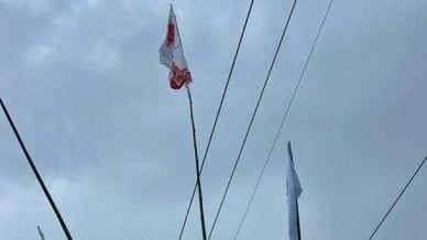 党旗挂高过电缆  沙电被迫停电拆除