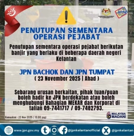 东（已签）:职员受灾无法上班，导致万捷县和道北县的国民登记局不得不在今天暂停运营。