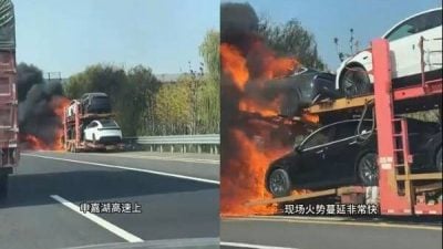 中国特斯拉出意外！运送途中电动车突起火  承载卡车也被烧光
