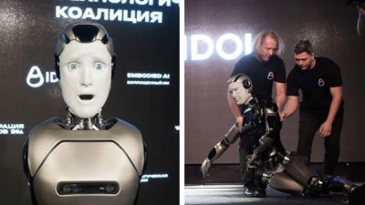 俄首款AI人形机器人 首次亮相摔倒舞台