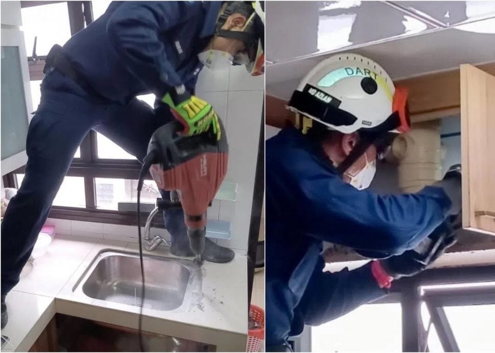 *已签发*柔:狮城二三事:男子手臂卡厨房排水管 狮城民防拆水槽橱柜解救