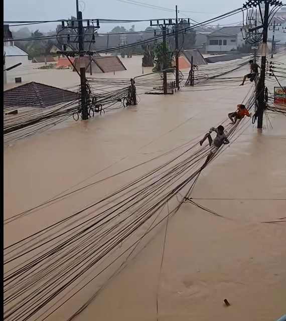 泰南大水灾／触电和溺水间 3灾民攀电线逃生“泰吓人”