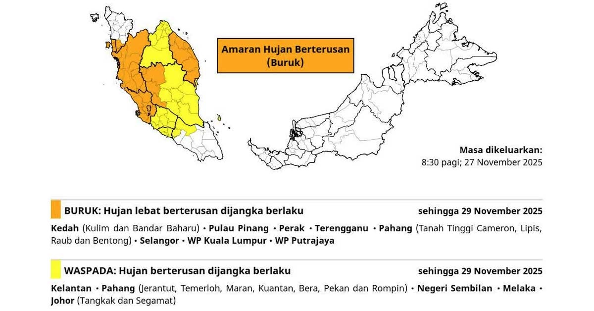 热带风暴“Senyar”逼近半岛西部 大马多州发布大雨与强风警报