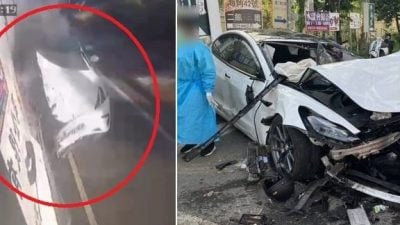 特斯拉高速追撞水泥车 司机惨死妻儿伤