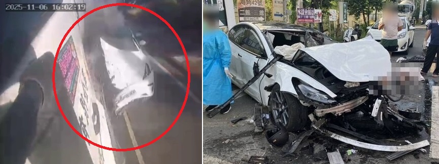 特斯拉高速追撞水泥车 司机惨死妻儿伤