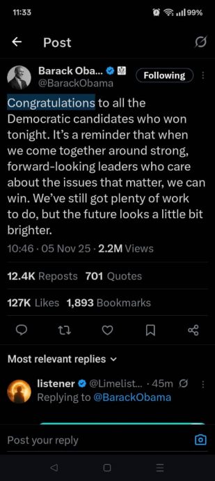 美部分地方选举民主党大胜 奥巴马：未来更加光明