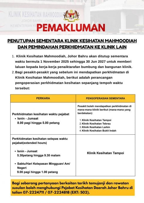 新山玛慕迪亚政府诊所即起 关至2027年6月30日进行提升