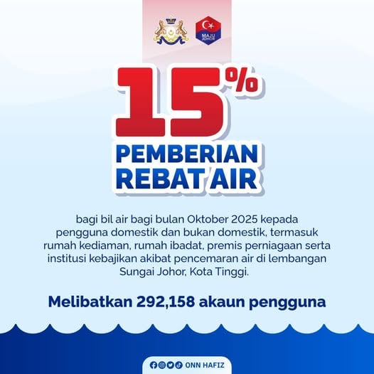 (已签发)柔:柔佛河遭污染影响29万用户 大臣宣布10月水费享15%回扣