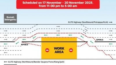 Elite大道19.5至18公里处 17至22日实施反方向车道通行