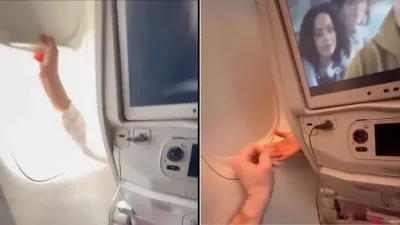视频｜飞机上看电影被打断 男子与前排童“争夺舷窗”引热议