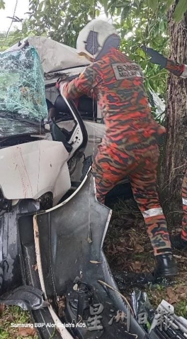 (古城版)28岁印裔男子撞树受困车内 出动消拯员到场施救