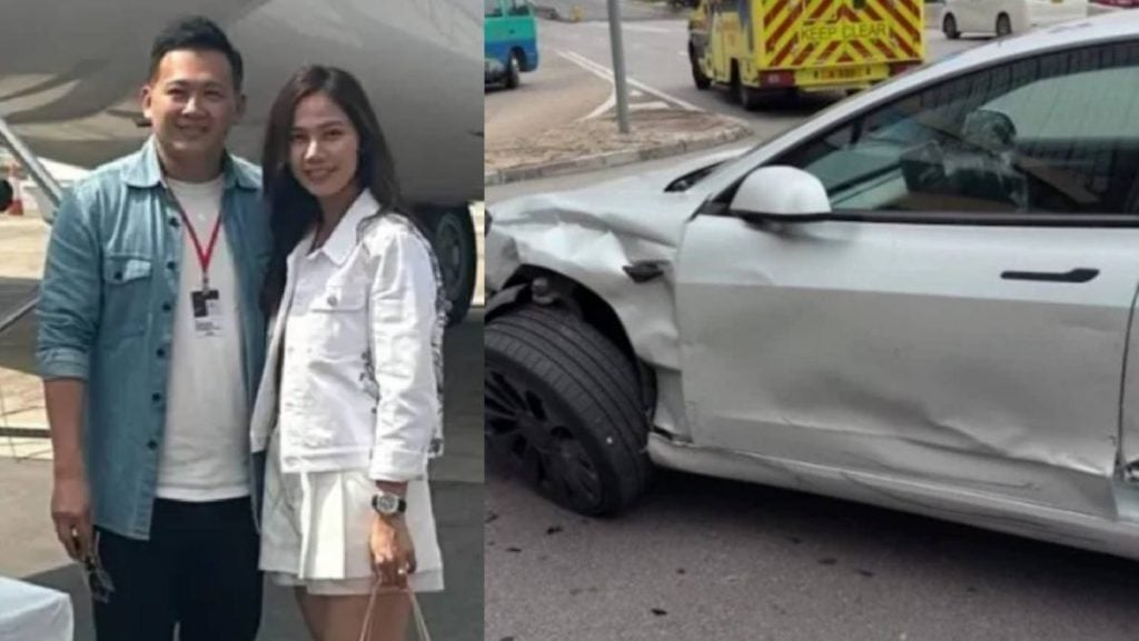 岑洁仪大马富商老公遇严重车祸 特斯拉前轮险被撞飞