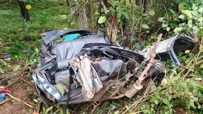 轿车失控撞油棕树 冲击力致车头与车身分离 24岁男当场亡