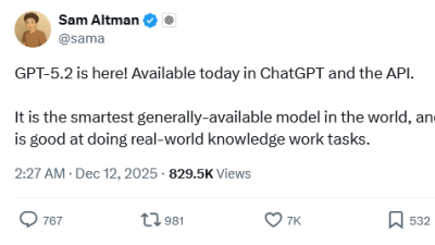 OpenAI发表GPT-5.2 号称最聪明通用模型