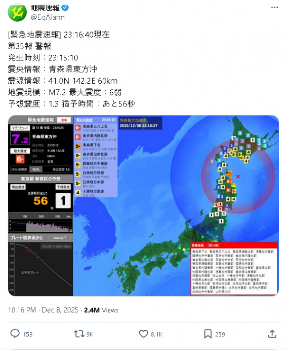 日本附近海域发生7.6级地震