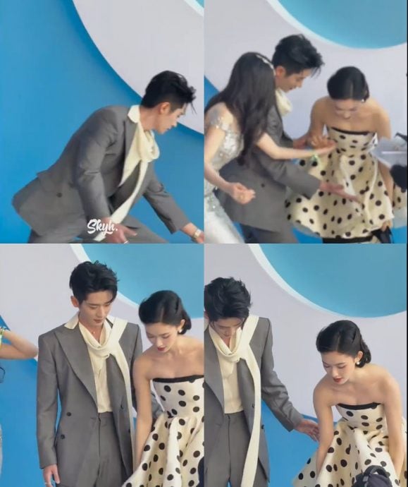 林允红毯摔倒 丞磊出手“救美”