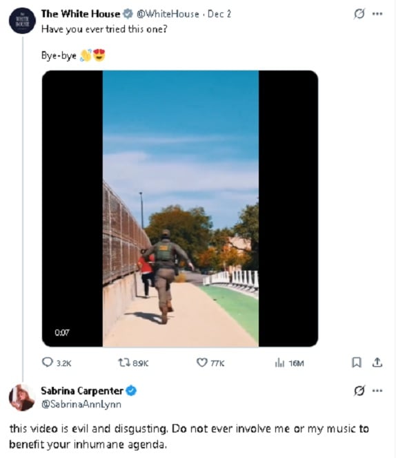 歌曲被​白宫抓移民擅用 萨布丽娜斥邪恶无人性