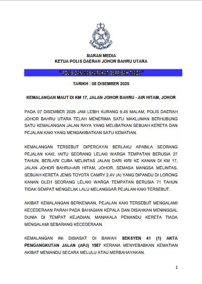 (已签发)柔:夜晚越过繁忙马路 27岁本地男遭撞毙