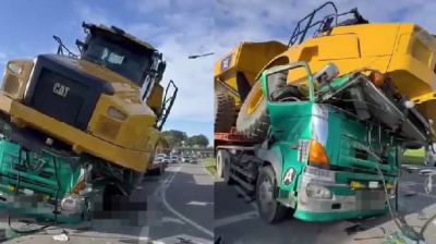 视频｜太骇人！牵引车载自卸卡车急煞 遭前滑压毁瞬间视频