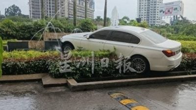 疑油门故障 司机虚惊 车撞花盆冲上分界堤